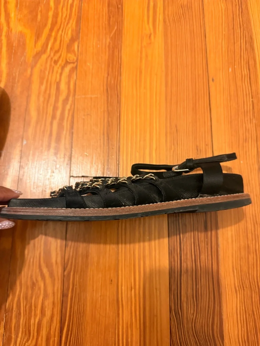 CHANEL Black Leather Chain-Strap Slingback Sandals- Sz 37